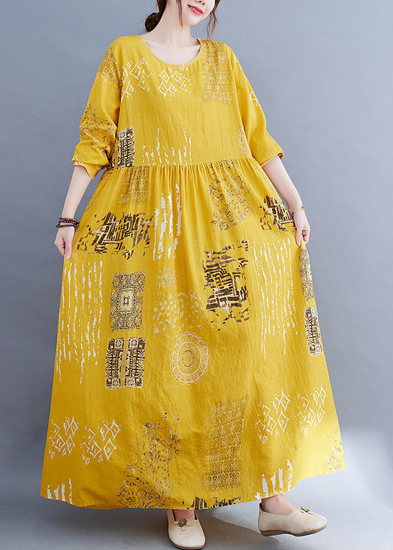 Yellow O-neck Wrinkled Print Cotton Loose Dress Long Sleeve
