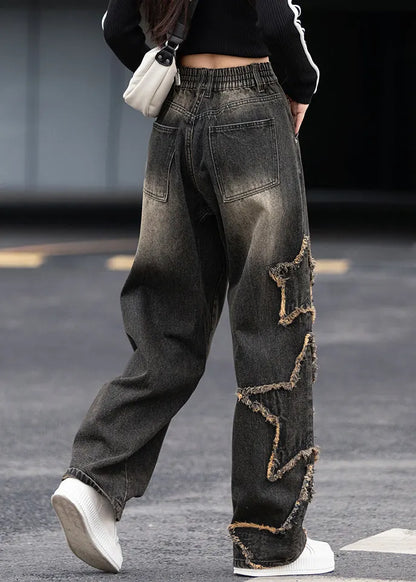 Black Grey Pockets Patchwork Denim Pants Fall