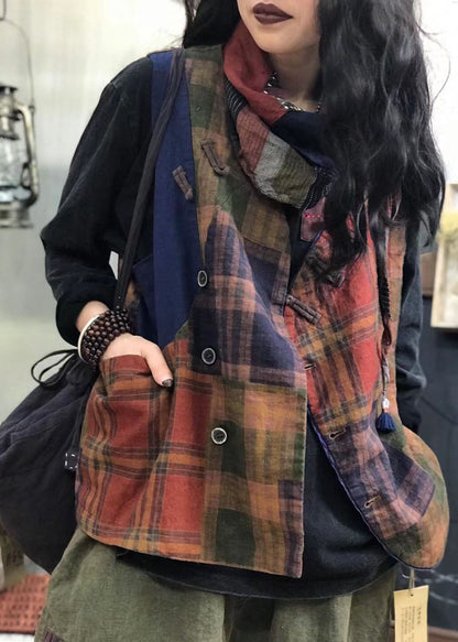 Red Button Plaid Patchwork Linen Vest Spring