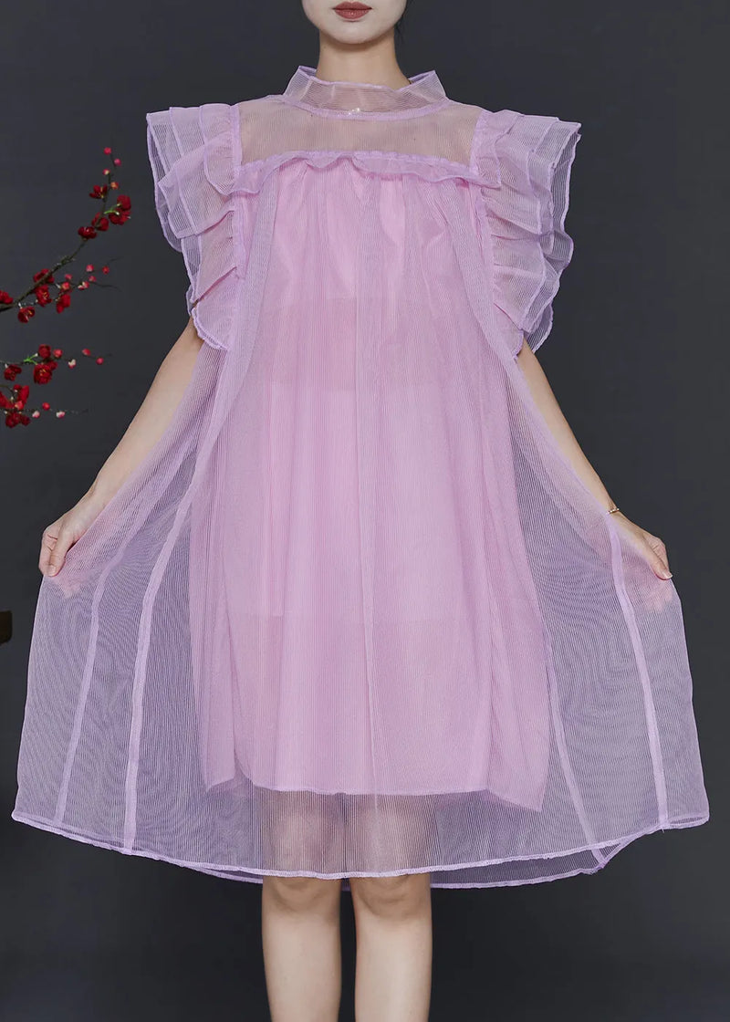 Pink Oversized Tulle Vacation Dress Butterfly Sleeve