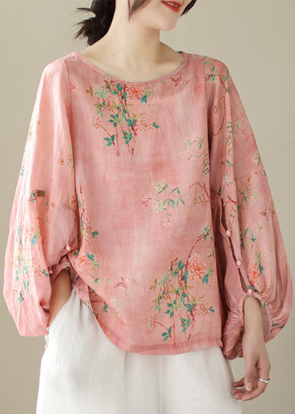 Pink Print Button Patchwork Cotton Tops Long Sleeve