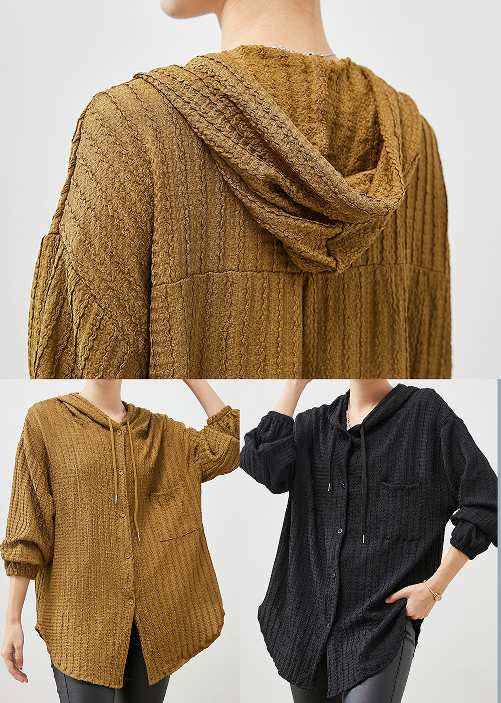 Yellow Hooded Cotton Blouses Spring