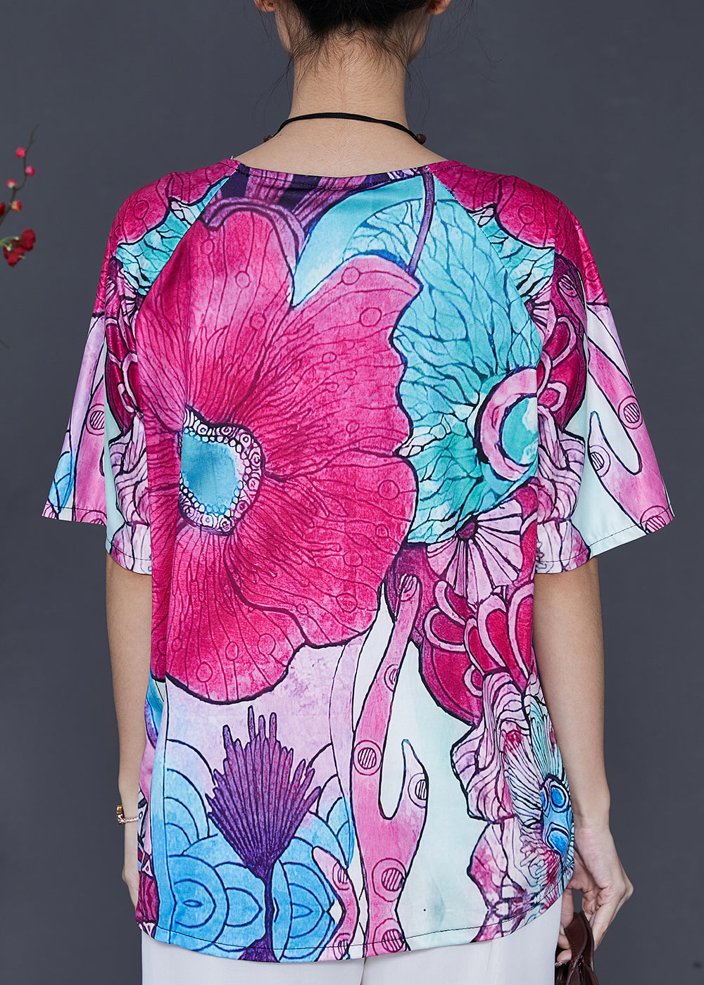 Rose Oversized Print Silk Blouse Top Summer