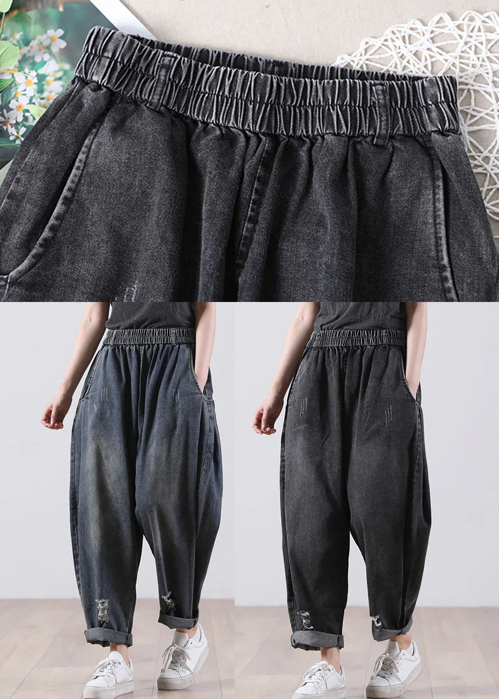 Denim Blue Elastic Waist Pockets Cotton Harem Pants Fall