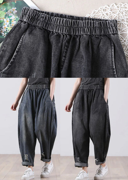 Denim Blue Elastic Waist Pockets Cotton Harem Pants Fall