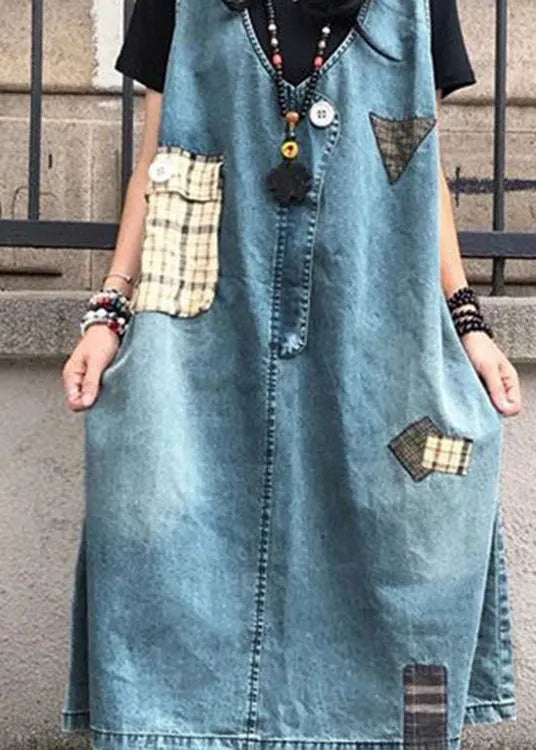 Blue V Neck Patchwork Denim Maxi Slip Dress Sleeveless