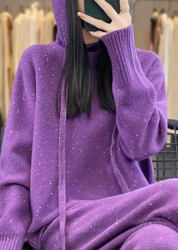 Stylish Purple Drawstring Hooded Cotton Knit Sweaters and Wide Leg Pants Two Piece Set Winter
