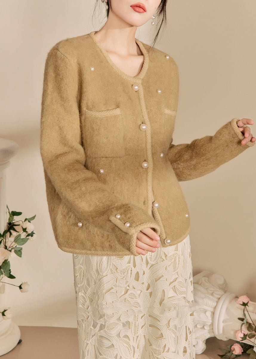 Yellow O Neck Pockets Button Woolen Coat Fall