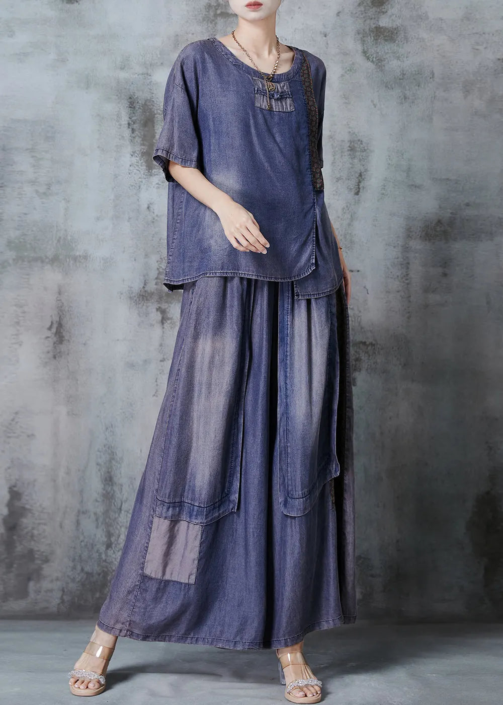 Blue Asymmetrical Patchwork Denim Two Pieces Set Summer