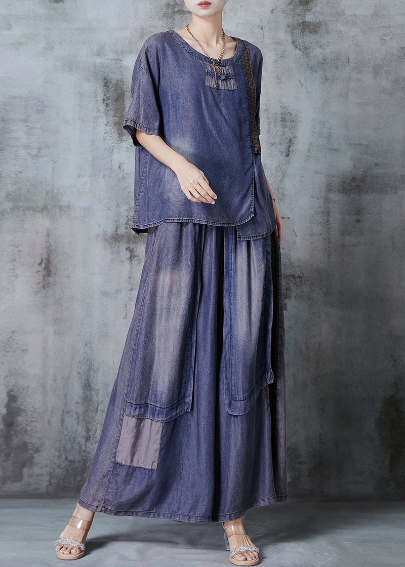 Blue Asymmetrical Patchwork Denim Two Pieces Set Summer