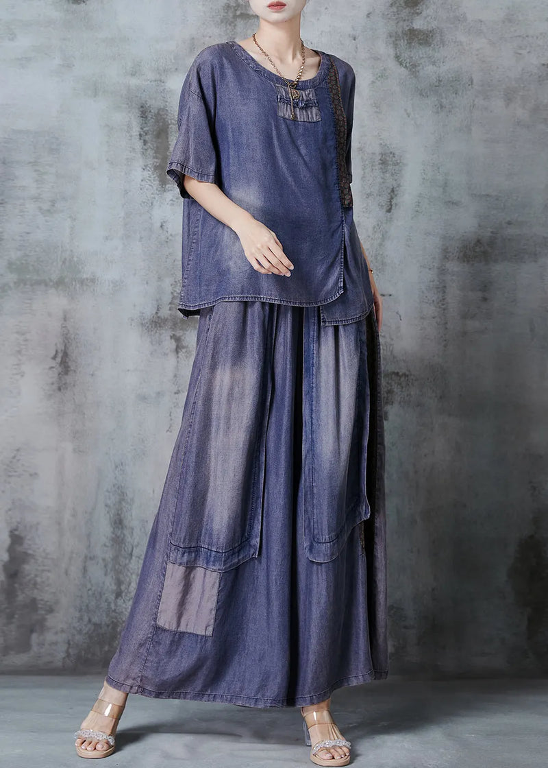 Blue Asymmetrical Patchwork Denim Two Pieces Set Summer