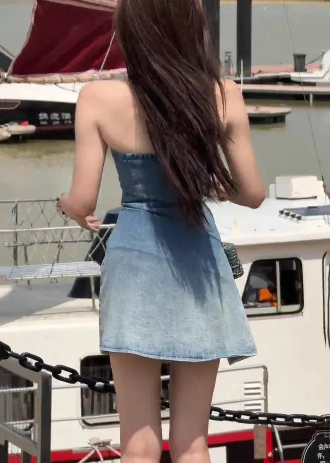 Slim Fit Blue Backless Wrinkled Denim Mini Dresses Sleeveless