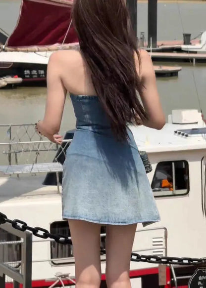 Slim Fit Blue Backless Wrinkled Denim Mini Dresses Sleeveless