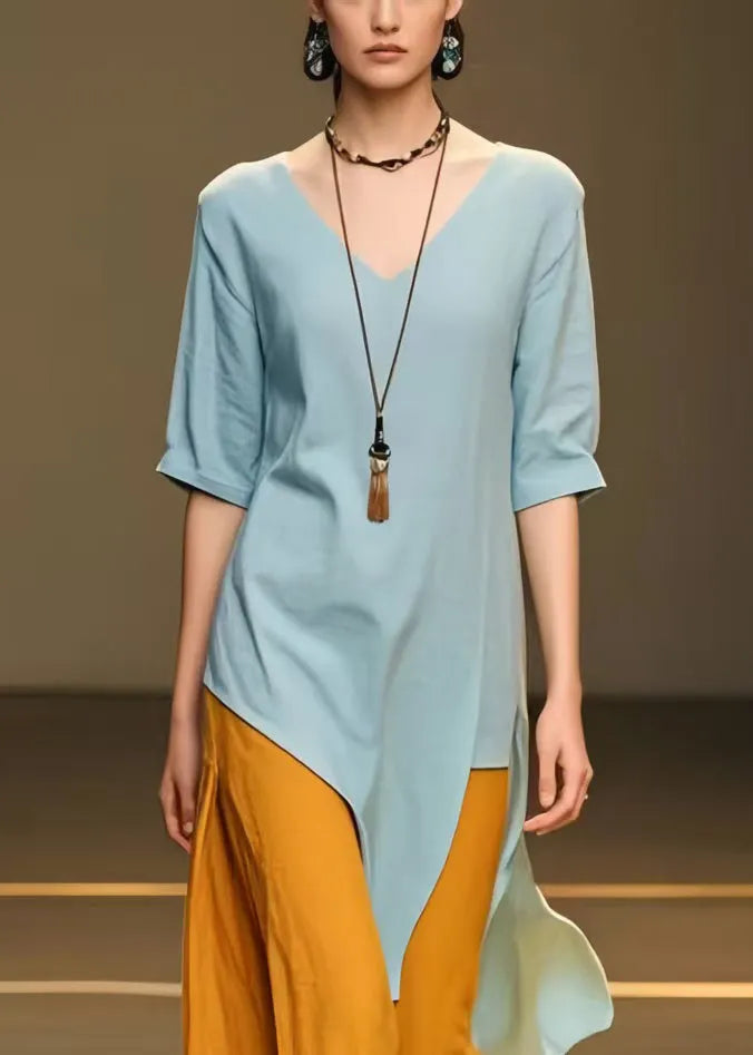 Sky Blue Asymmetrical Patchwork Cotton Long Dress Summer