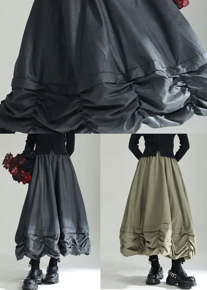 Green Wrinkled Pockets Patchwork Cotton Skirts Fall