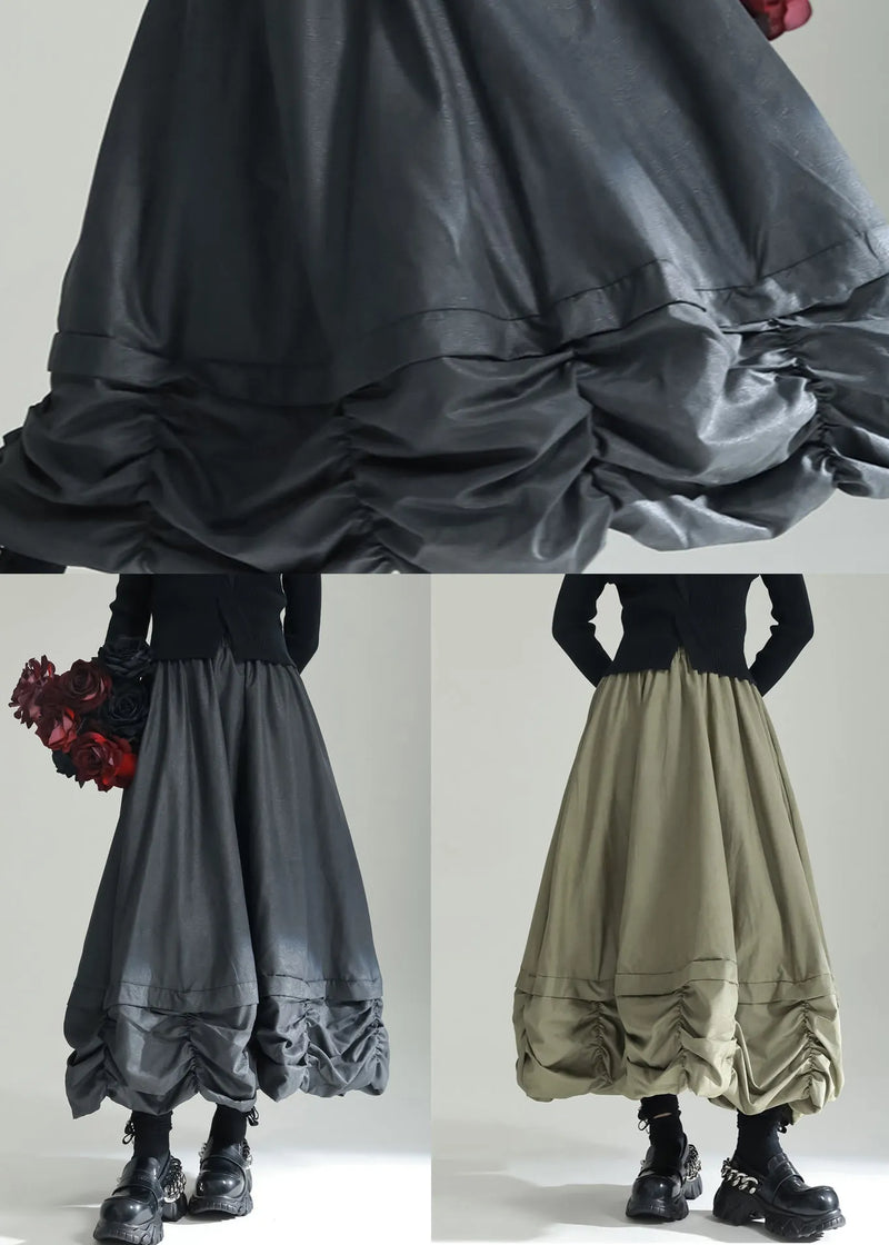 Green Wrinkled Pockets Patchwork Cotton Skirts Fall