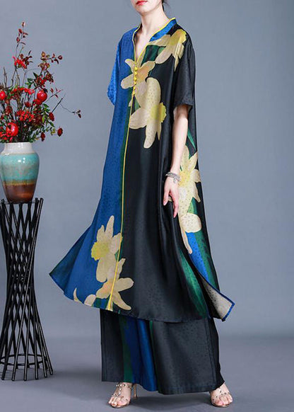 Blue Side Open V Neck Patchwork Chiffon Two Pieces Set Summer
