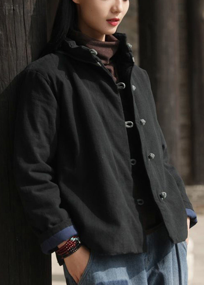 Black Stand Collar Chinese Button Fine Cotton Filled Coat Winter