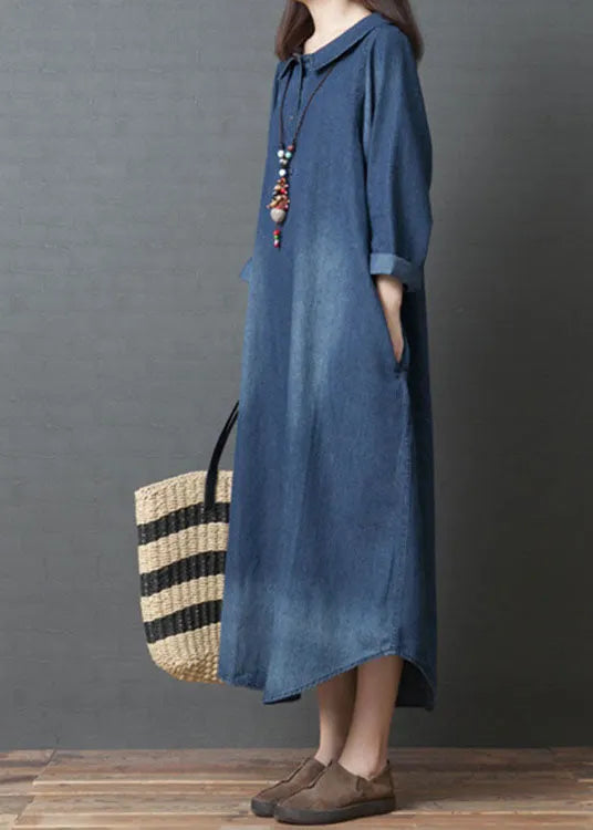 Handmade Blue Peterpan Collar Pockets Patchwork Fall Denim Long Sleeve Dresses