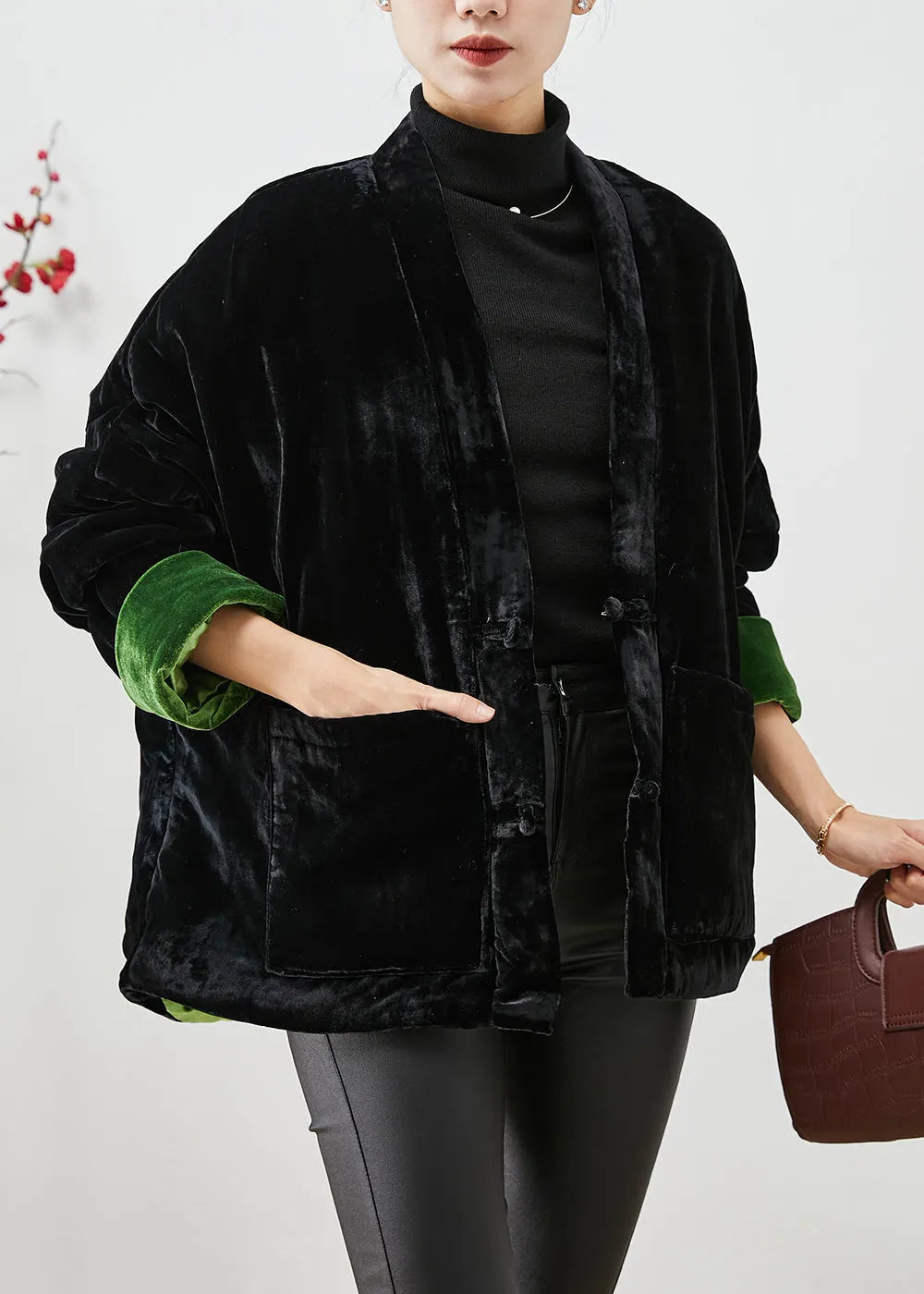 Handmade Black Chinese Button Thick Cotton Filled Silk Velour Coats Winter