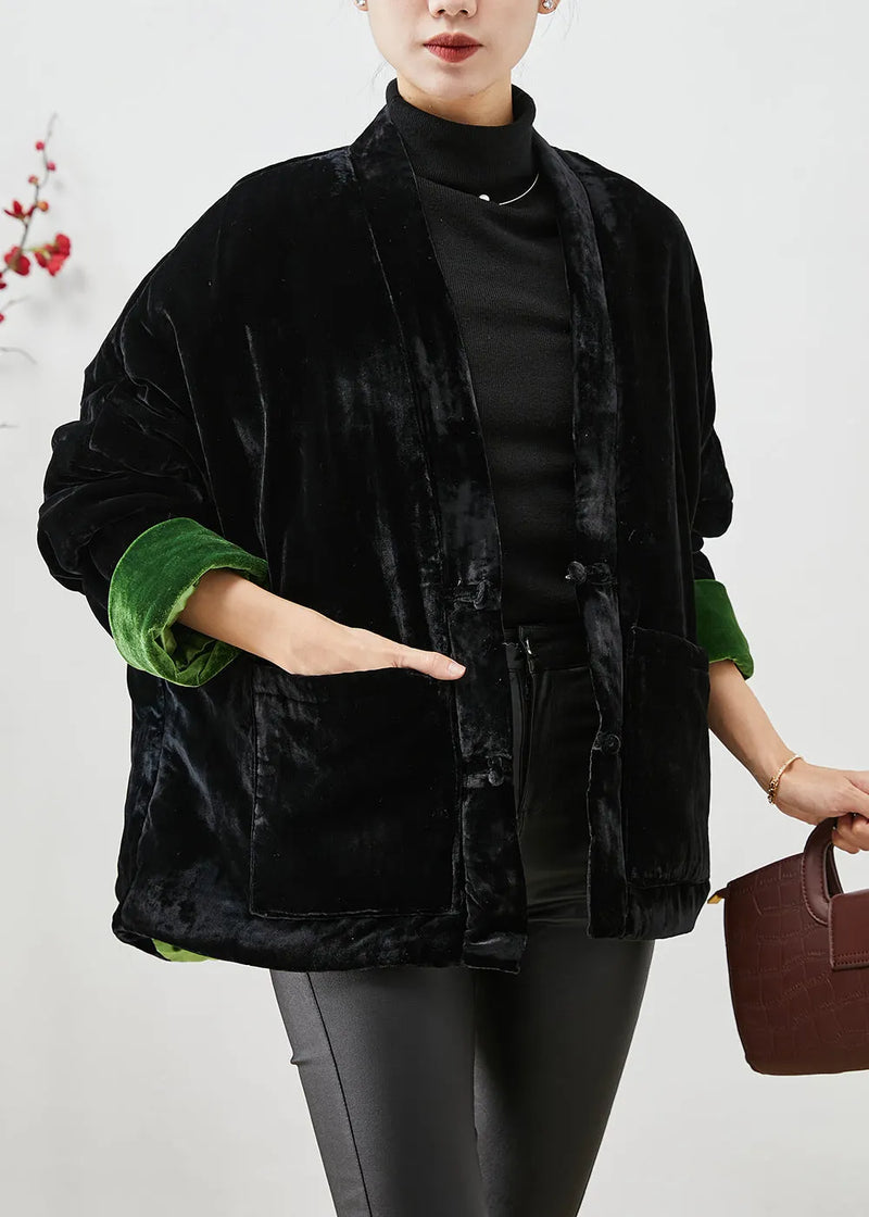 Handmade Black Chinese Button Thick Cotton Filled Silk Velour Coats Winter