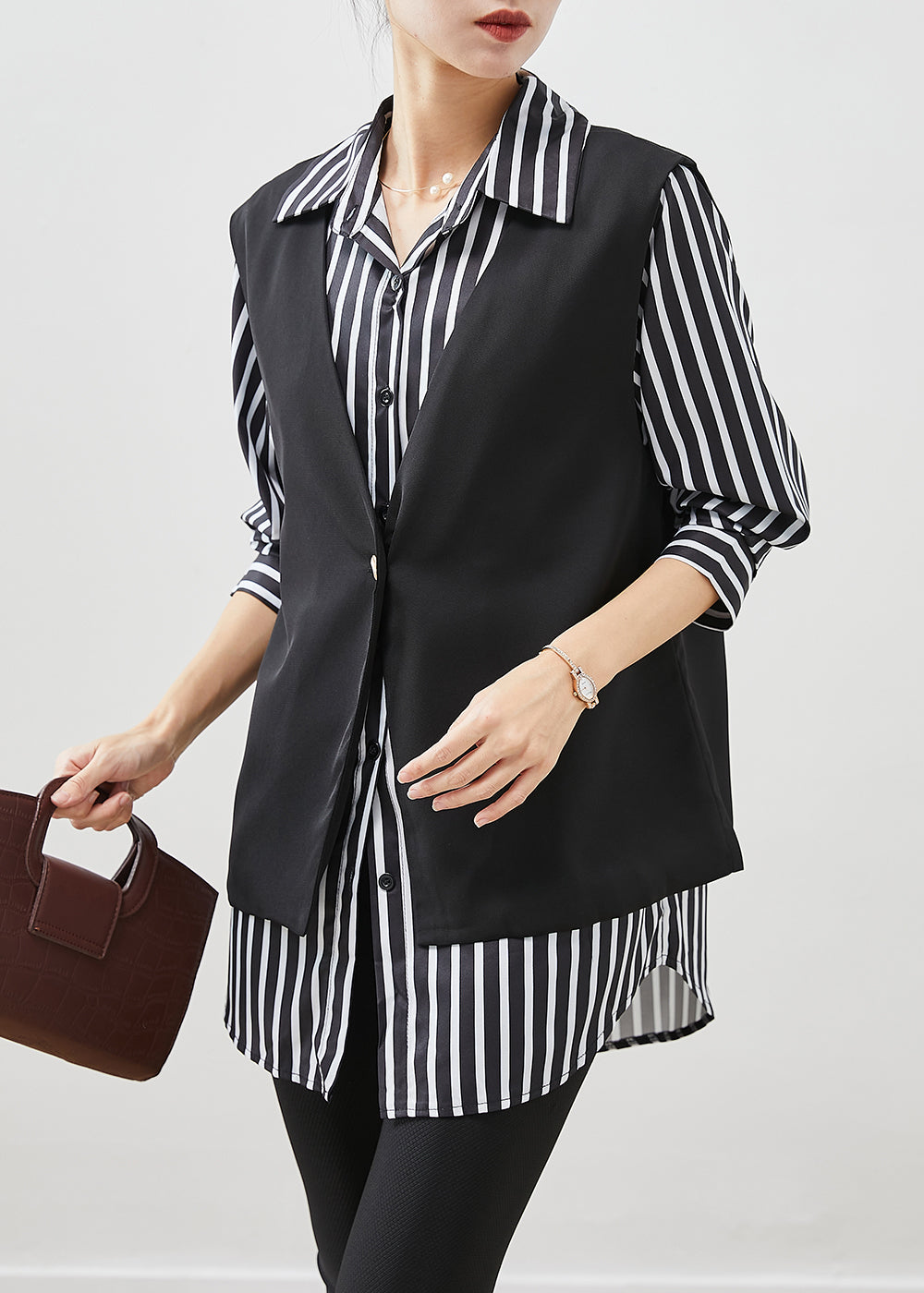 Classy Black Oversized Striped Cotton Vest and Shirt Two Piece Set Fall