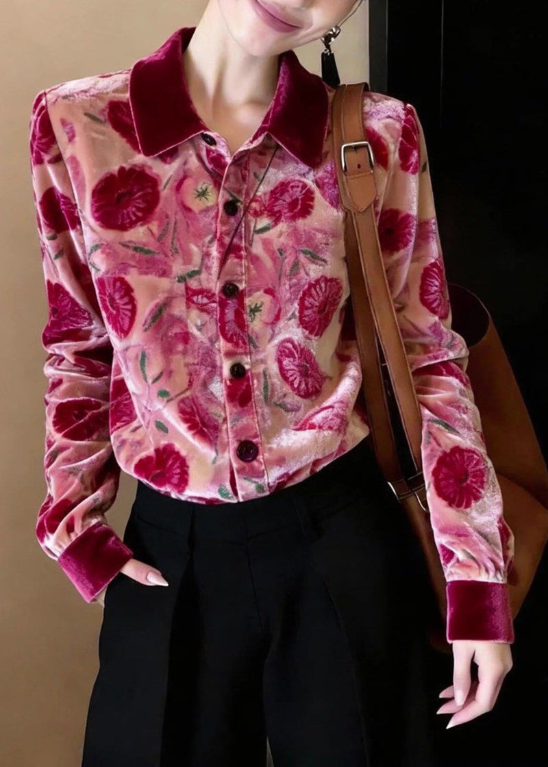 Stylish Rose Peter Pan Collar Print Silk Velour Shirt Top Spring