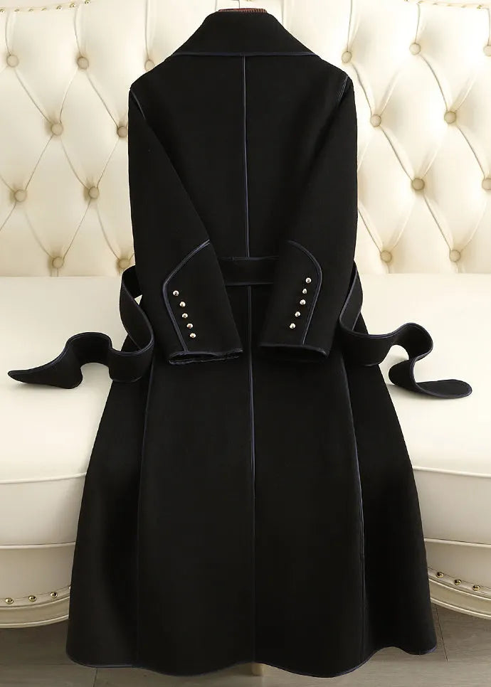 Black Notched Button Woolen Long Coats Fall