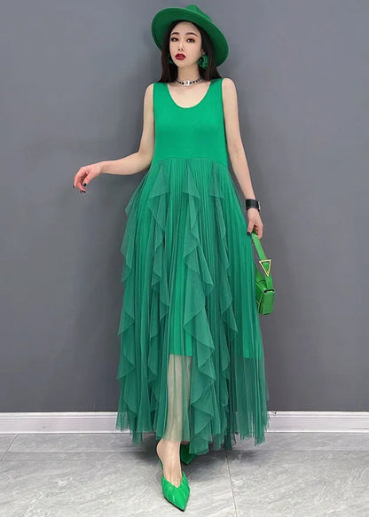 Green Tulle Patchwork Cotton Fitted Dresses O-neck Sleeveless