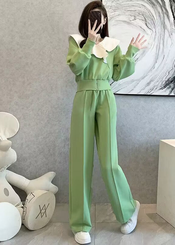 Stylish Green Tops and Pants Cotton Two Pieces Set Spring