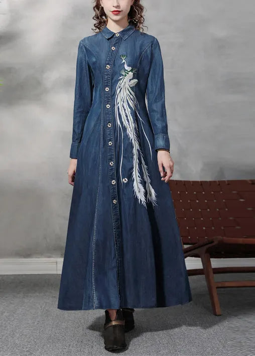 Slim Fit Blue Peter Pan Collar Button Waist Retraction Embroideried Cotton Denim Dresses Long Sleeve