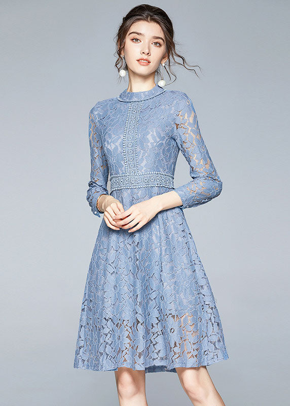 Handmade Blue Stand Collar Lace Cinch Dresses Bracelet Sleeve