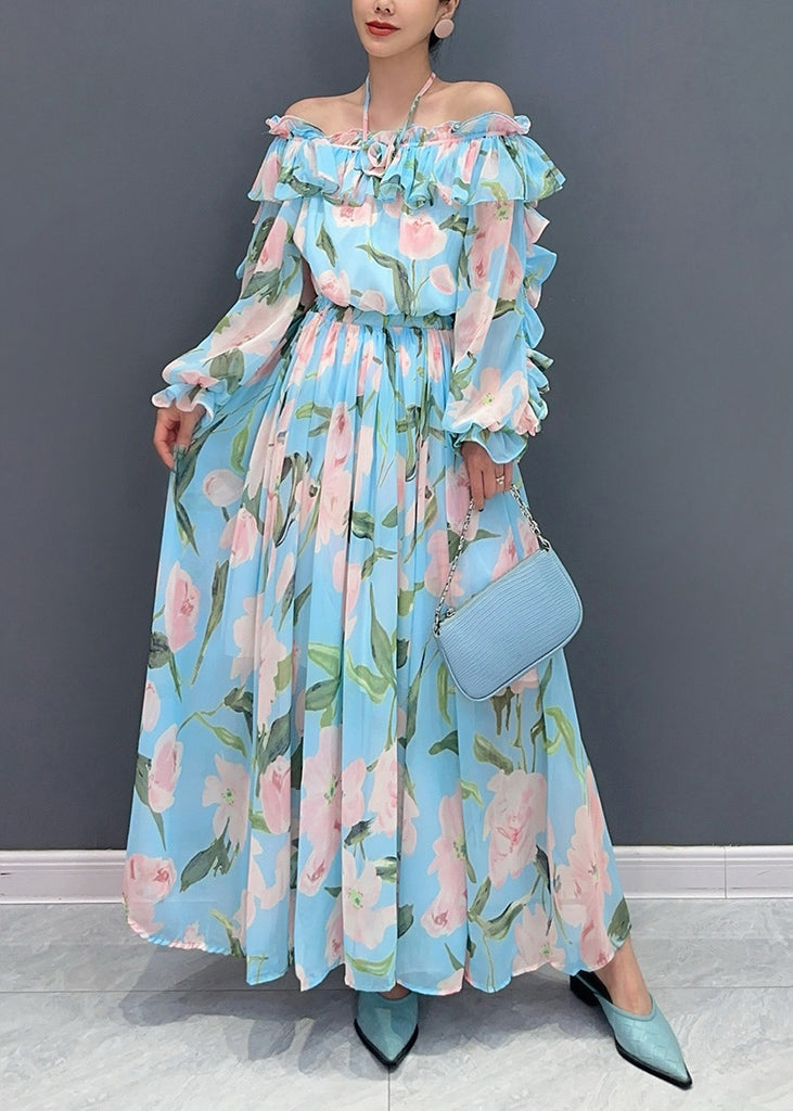 Blue Cold Shoulder Ruffled Patchwork Chiffon Dresses Long Sleeve