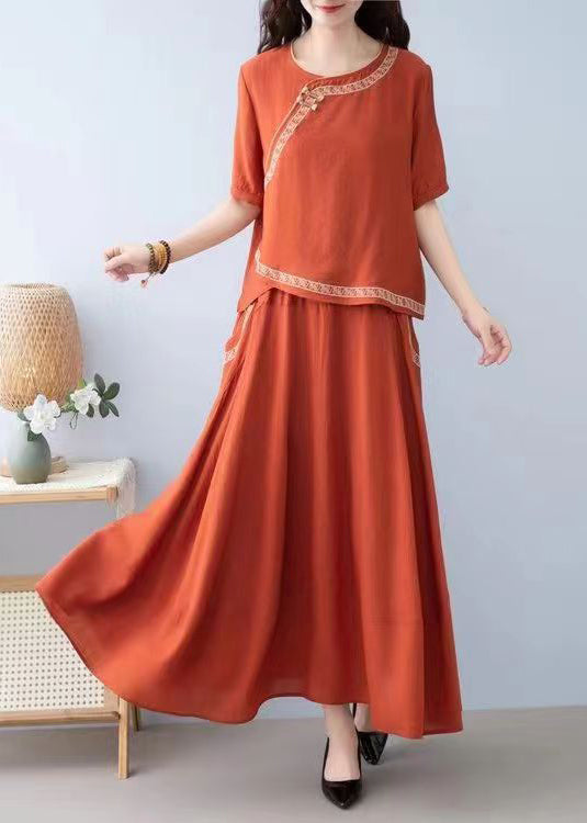 New Orange O Neck Pockets Linen Two-piece Set Summer