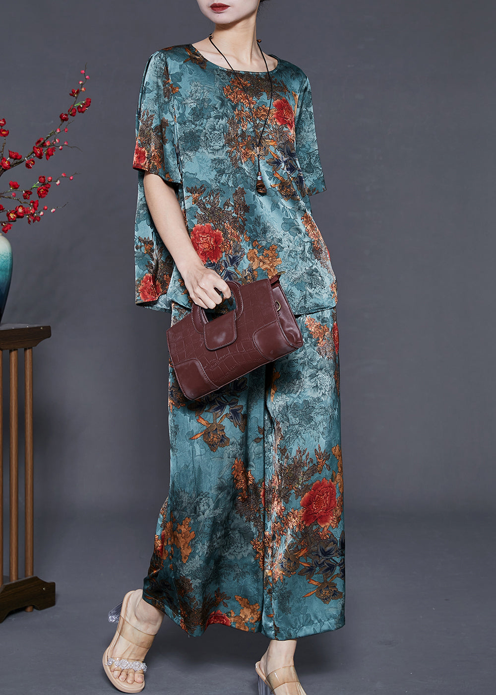 Diy Sea Blue Oversized Print Silk Two Pieces Set Summer