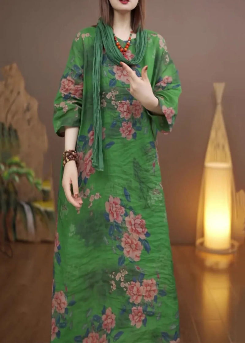 Green O-neck Print Long Dress Spring