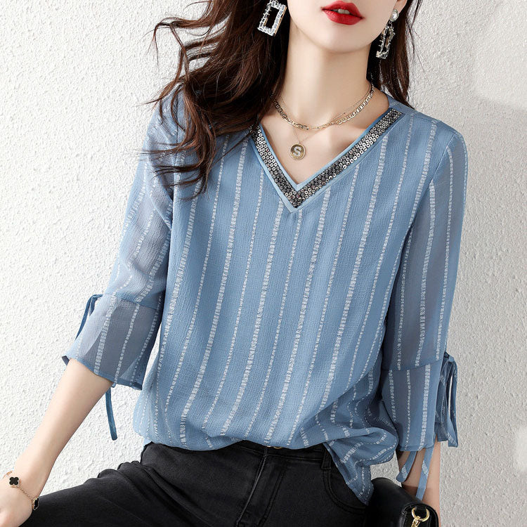 Sky Blue Sequins V Neck Jacquard Chiffon Shirt Half Sleeve