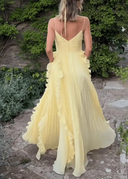 Classy Yellow V Neck Ruffled High Waist Chiffon Spaghetti Strap Dress Sleeveless