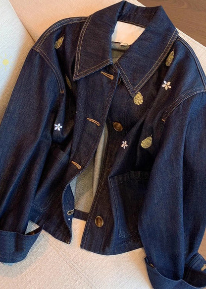 Navy Peter Pan Collar Embroidered Denim Coat Fall