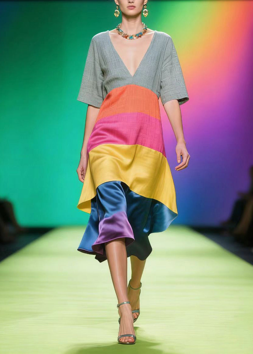 Colorblock V Neck Patchwork Linen Silk Dress Summer