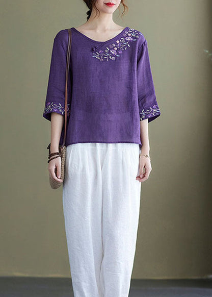 Diy Pink Crane Embroidered Side Open Half Sleeve Top