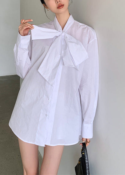 Brief White Stand Collar Bow Button Shirt Spring
