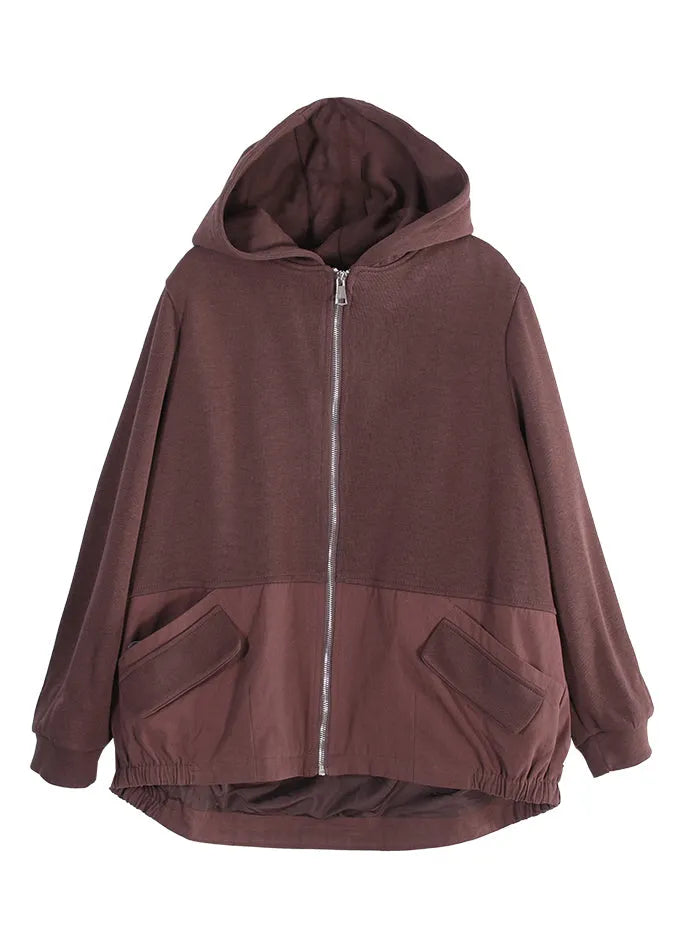 Chocolate Zippered Patchwork Low High Design Hooded Coats Long Sleeve