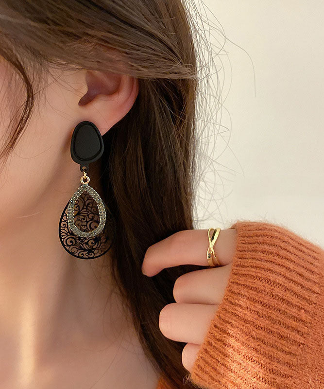 Unique Black Alloy Zircon Water Drop Hollow Out Drop Earrings