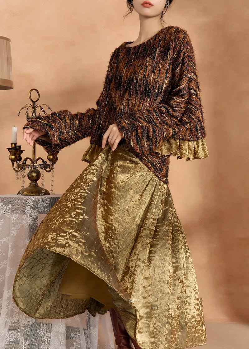 Brown Knit Sweaters and Silk Skirts Two Pieces Set Fall