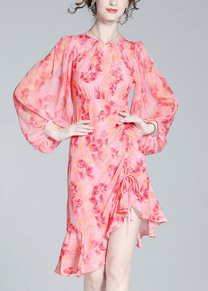 Pink O-neck Print Tunic Slim Vacation Long Dresses Lantern Sleeve