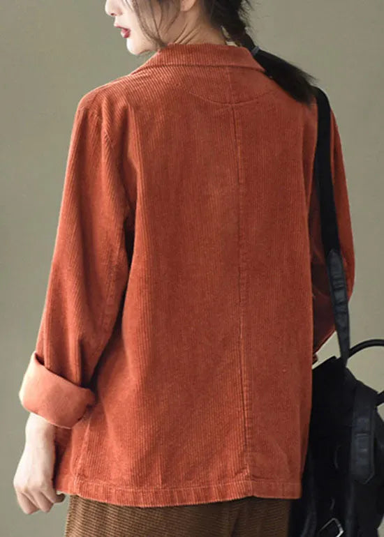 Loose Orange Yellow Button Pockets Peter Pan Collar Corduroy Coat Long Sleeve