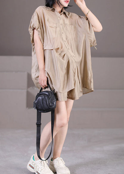Khaki Silk Shirts and Shorts Two Piece Suit Set Drawstring Asymmetrical Button Summer