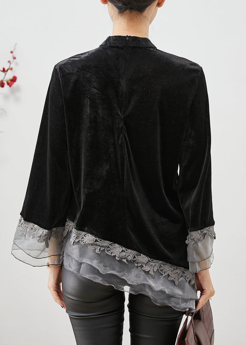Black Asymmetrical Organza Patchwork Chinese Button Silk Velour Shirt Top Fall