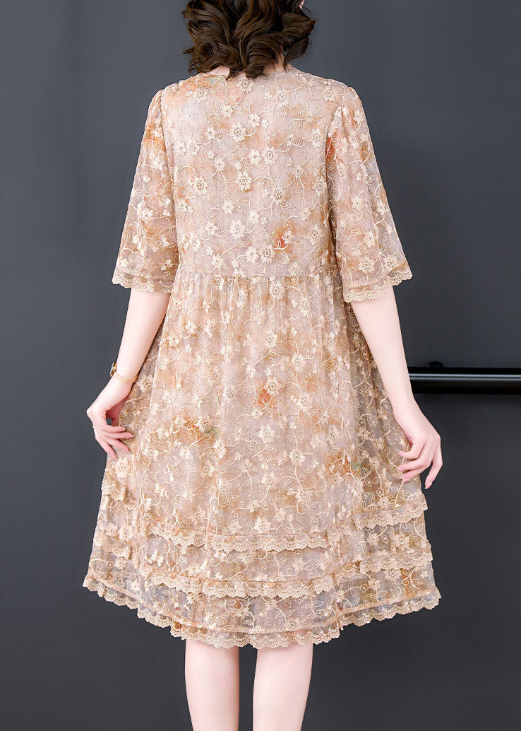 Apricot Embroideried Patchwork Lace a Line Dress Summer